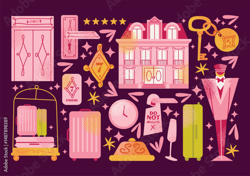 Collection hotel building facade, luggage, room keys, door handles, elevator, bellhop, 'Do Not Disturb' sign, service bell, and champagne glass. Flat cartoon style. Hospitality,  travel concept set