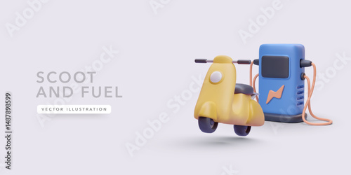 Scooter Refueling at Modern Gas Station with Bright Colors and Minimal Design. Urban Mobility Concept in 3D Style. Vector Illustration