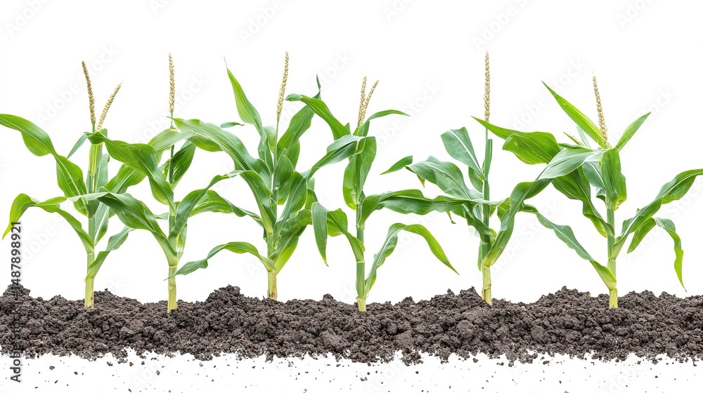 Green corn stalks and dried corn stalks growing in soil, isolated on a white background. Cutout perfect for agricultural themes. Green corn stalks and dried corn stalks growing in soil, isolated on a white background. Cutout perfect for agricultural themes.