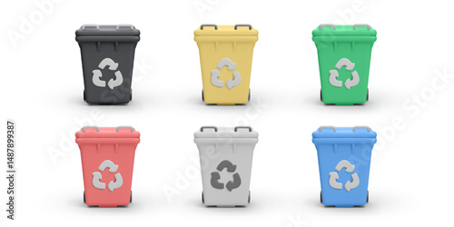 Set Of Colorful Recycling Bins With Recycle Symbols In 3D Minimal Style. Waste Sorting Containers For Sustainability, Clean Environment And Eco Projects. Vector Illustration