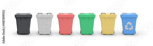 Colorful Trash Bins Set In 3D Minimal Style Representing Waste Sorting And Recycling System. Eco Friendly Concept For Sustainability And Clean Environment. Vector Illustration