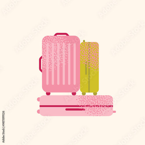 Collection hotel building facade, luggage, room keys, door handles, elevator, bellhop, 'Do Not Disturb' sign, service bell, and champagne glass. Flat cartoon style. Hospitality,  travel concept set