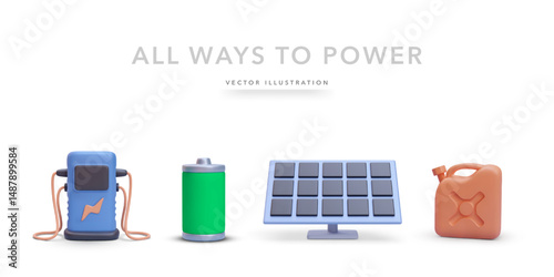 Charging Station, Battery, Solar Panel, And Fuel Canister In 3D Minimal Style Representing Multiple Energy Sources For Power And Sustainability Concepts. Vector Illustration