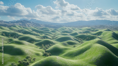 a hyper-realistic landscape photograph of vibrant green rolling hills under a bright blue sky with puffy white clouds, natural lighting, sharp focus, high detail, DSLR quality, 85mm lens, 8k photo