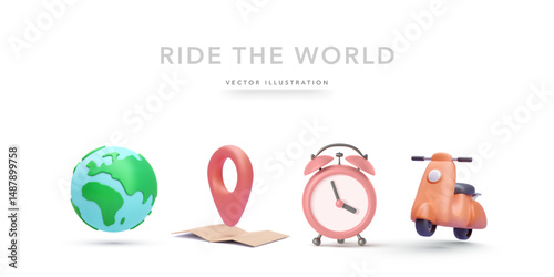 Travel Time, Global Adventure, Navigation, Scooter Ride And World Exploration Concept In 3D Minimal Style. Colorful Icons Of Earth, Clock, Pin And Moped. Vector Illustration