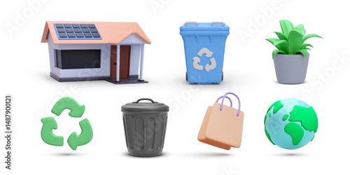 Eco Friendly, Sustainability, Recycling, Zero Waste, Renewable Energy And Green Living Icons In 3D Style. Clean Energy Concept. Vector Illustration