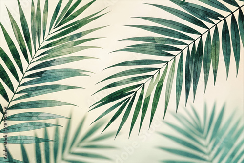 Watercolor-style artwork depicts lush green palm leaves with subtle shadows against a soft, light beige backdrop and dark black borders.
