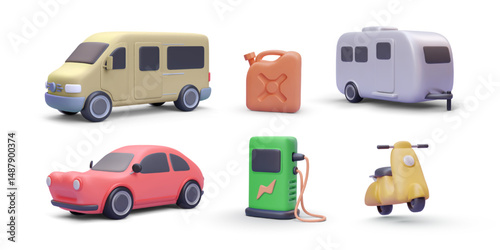 Electric And Gas Vehicles With Charging Station In 3D Cartoon Style. Car, Scooter, Camper, Fuel Can And Van Icons For Eco Transport And Travel Concept. Vector Illustration.