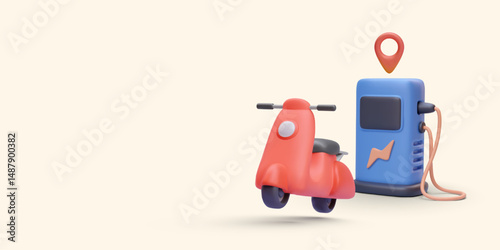 Electric Scooter With Charging Station And Location Marker On Pastel Background. Modern Urban Transport Concept With Soft 3D Style. Perfect For Apps And Web. Vector Illustration.