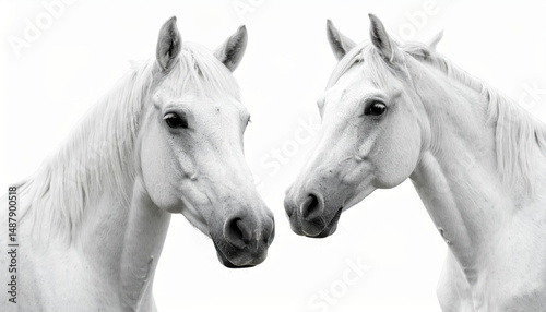 Two white horses looking at each other on white background
