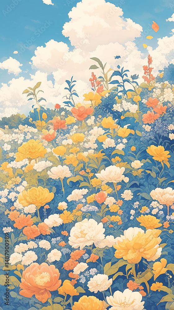 Obraz premium パステル調の春の和風花柄イラスト素材|優しい配色で描かれた桜・梅・椿の上品なデザイン背景|着物・和雑貨・紙製品にぴったりの和柄テクスチャ