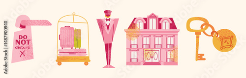 Collection hotel building facade, luggage, room keys, door handles, elevator, bellhop, 'Do Not Disturb' sign, service bell, and champagne glass. Flat cartoon style. Hospitality,  travel concept set