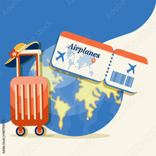 banner travel vacation vacation suitcase plane ticket on background globe vector image