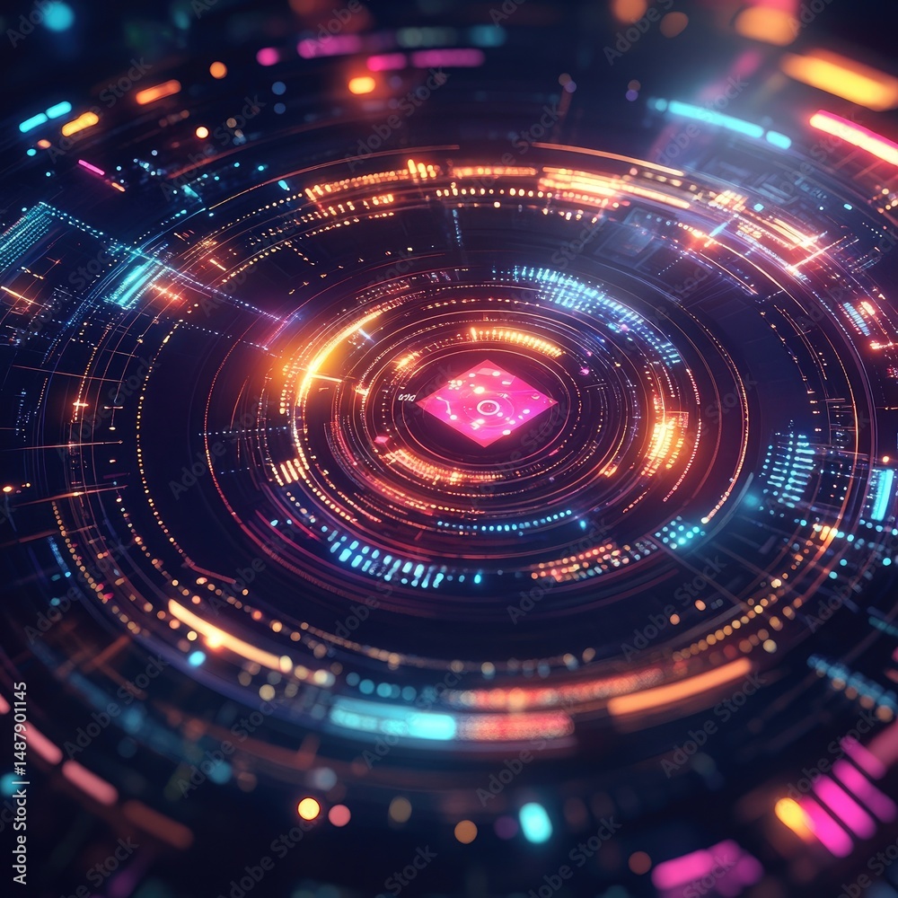 Fototapeta premium Futuristic digital interface, vibrant glowing concentric circles