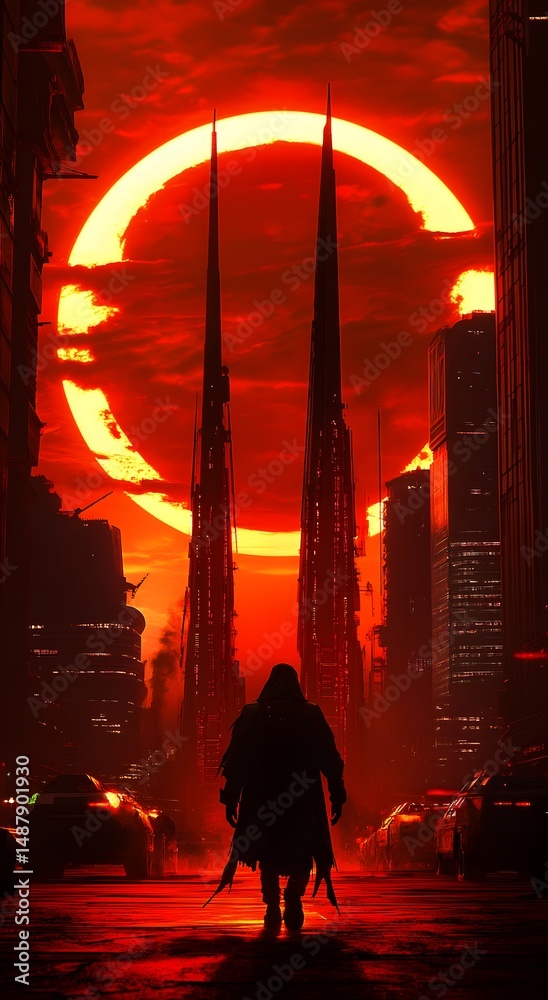Obraz premium apocalyptic scene with a person walking towards the light of a setting sun in a post-apocalyptic cityscape. The scene evokes a sense of desolation and mystery