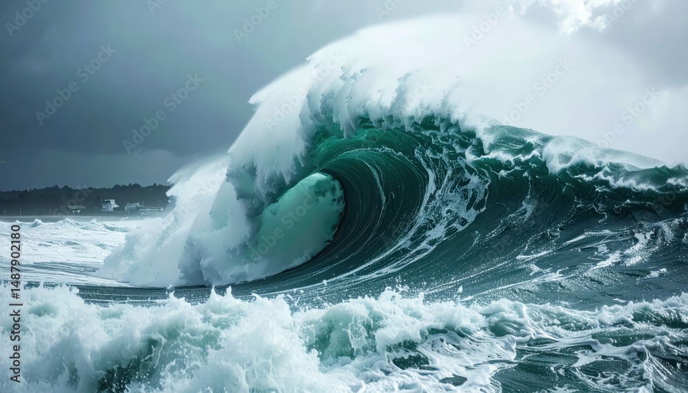 Obraz premium Colossal Tsunami Wave Crashing Onto Coastline in Dramatic Storm Scene
