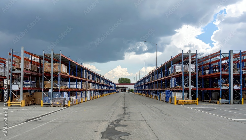 Fototapeta premium Compact Furniture Warehouse with Shelving Units Under Stormy Skies