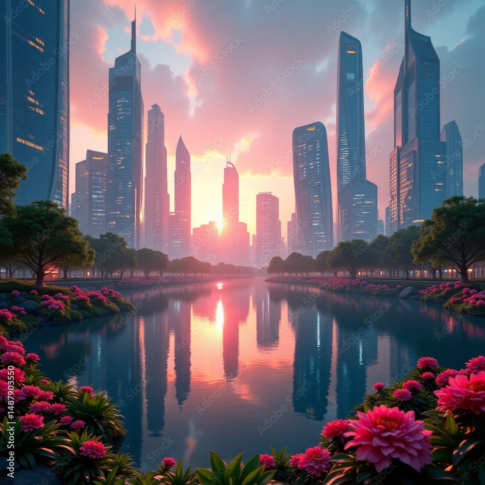 Fototapeta premium Vibrant cityscape at sunset with river, pink flowers, and towering buildings