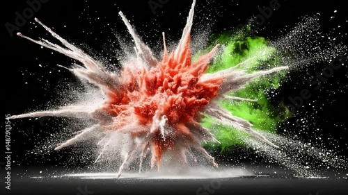 Dynamic Explosion of Colorful Powder in Air with Splashes on Dark Background Creating Stunning Visual Effect
