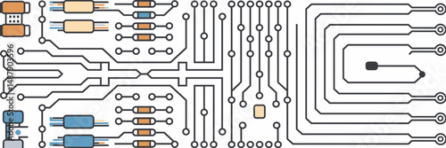Vector icon of digital circuit with resistors, capacitors, and power lines – Ideal for tech publications, engineering visuals, or electronics branding