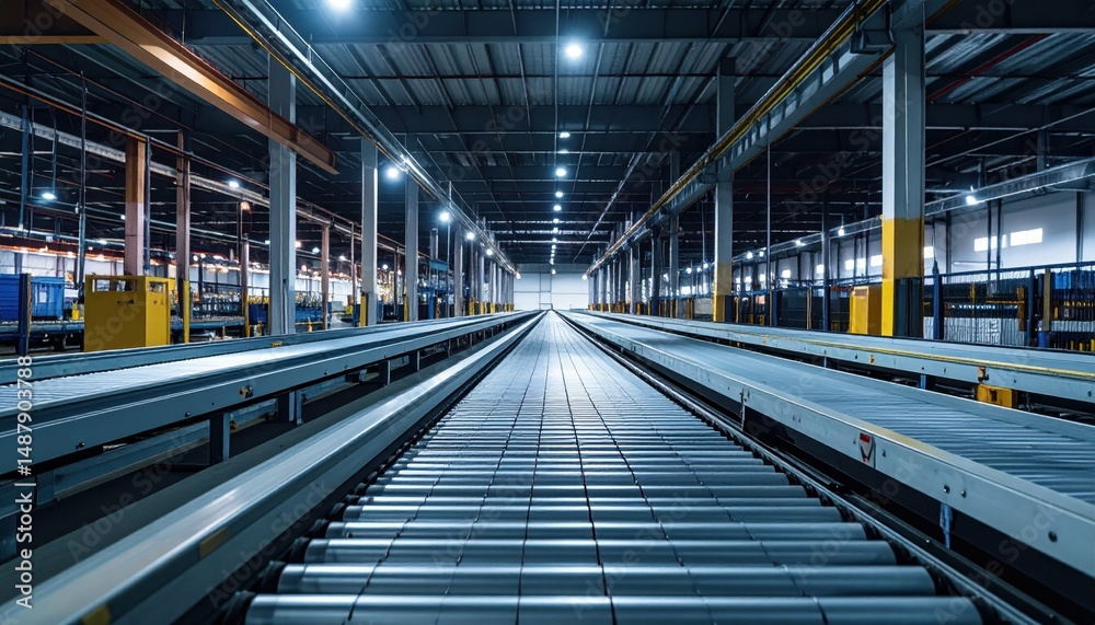 Fototapeta premium Nighttime View of Compact Storage Facility with Conveyor Belts
