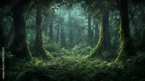 a lush dark, very dark thick coniferous forest with several tall, moss-covered trees, no light, and dense fern undergrowth , atmospheric depth, photorealistic, nature documentary style,