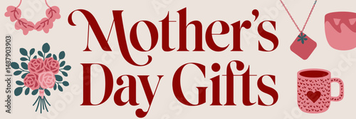Mother's Day gift sheet with bouquet, mug, and necklace – Suitable for promotional materials, online shops, or digital downloads