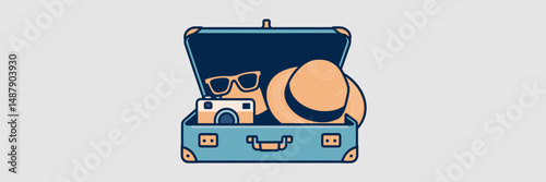 Vector travel essentials icon with open suitcase containing sunglasses, hat, camera, and passport – Ideal for travel planning, vacation blogs, or luggage brand marketing