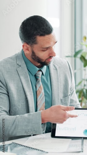 Meeting, pitch or businessman on tablet screen for charts, data or graphs for project funding. Speaker, economist or financial advisor talking to investor for infographics, presentation or results