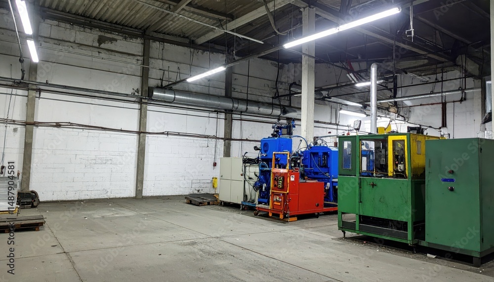 Naklejka premium Empty Chemical Storage Warehouse with Industrial Packaging Machines