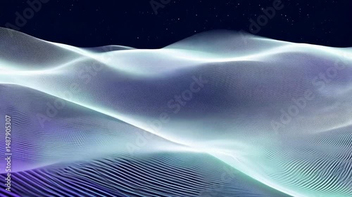 Abstract white and blue digital waves flow smoothly across dark background creating undulating pattern. The gentle movement creates a futuristic technological landscape with ample copy space.