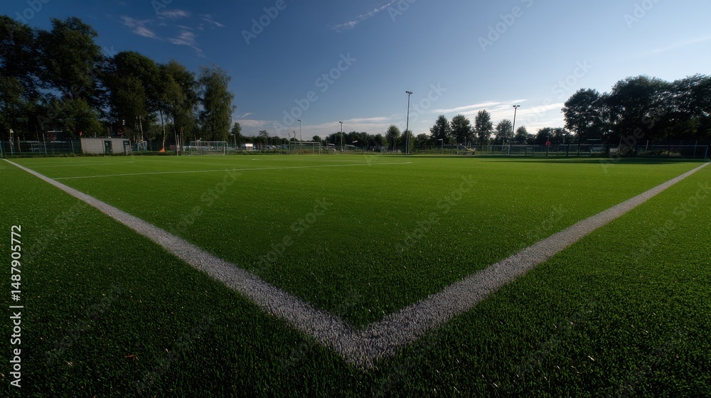 Corner view of a vibrant green artificial turf soccer field, under a clear blue sky, showing white corner markings and surrounding trees. : Generative AI Corner view of a vibrant green artificial turf soccer field, under a clear blue sky, showing white corner markings and surrounding trees. : Generative AI