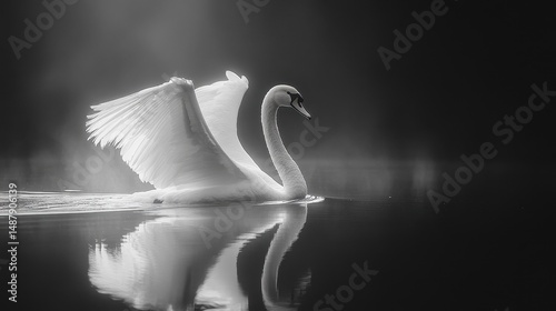 Graceful White Swan with Spread Wings on Dark Water, Monochrome Nature Photography