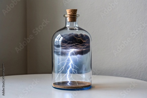 storm and lightning inside glass bottle with cork stopper