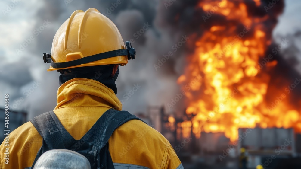 Fototapeta premium Firefighter in Protective Gear Observes Blaze at Industrial Site