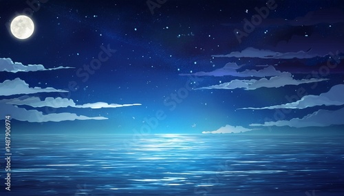 sea night anime background 2d illustration