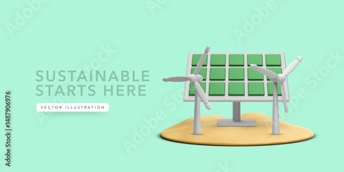 Solar Panel and Wind Turbines Generating Renewable Energy on a Minimal Island in a Clean 3D Eco Concept. Ideal for Sustainability, Environment, and Clean Tech Projects. Vector Illustration.