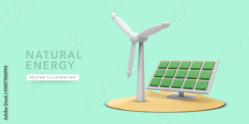 Solar Panel and Wind Turbine Representing Renewable Energy and Clean Power Generation in a Modern 3D Minimalist Style on Sand with Green Tones. Ideal for Eco Projects. Vector Illustration.