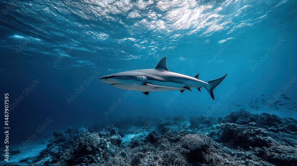 Fototapeta premium A grey reef shark gracefully swims above a vibrant coral reef in the deep blue ocean, sunlight filtering through the water's surface. : Generative AI