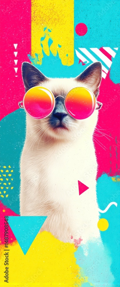 Fototapeta premium Stylish Siamese cat wearing pink and orange sunglasses, vibrant 80s style geometric background, teal, yellow, pink, and magenta colors. : Generative AI