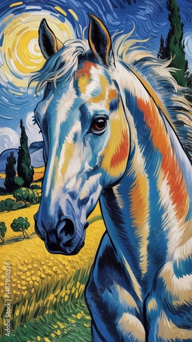 Fauvist horse: image shows a bright, expressive portrait of a horse rendered in the Fauvist style with the use of intense, non-naturalistic colors and energetic brushstrokes.