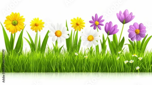 Colorful Flower Garden with Bright Blooms and Lush Green Grass in Springtime Setting