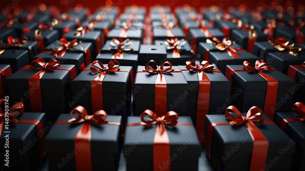 Fototapeta premium Endless Rows of Black Gift Boxes with Red Ribbons