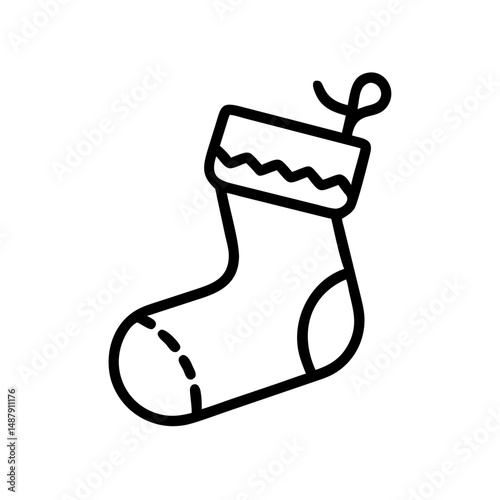 Christmas stocking icon in minimal line art style for greeting cards  