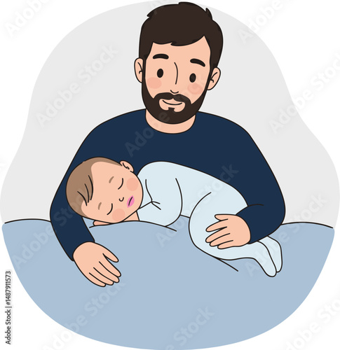 A loving father with a dark beard gently cradles his sleeping newborn, swaddled in light blue, against a soft gray backdrop, a tender moment of peaceful affection