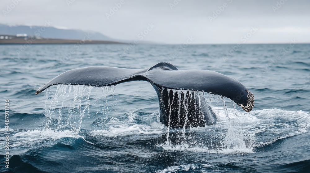 Fototapeta premium Humpback whale fluke breaching ocean surface, water droplets cascading, coastal landscape in background. Dramatic wildlife scene. : Generative AI