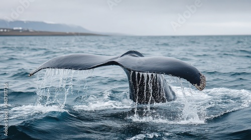 Humpback whale fluke breaching ocean surface, water droplets cascading, coastal landscape in background. Dramatic wildlife scene. : Generative AI