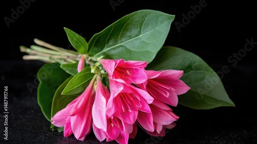 Vibrant Pink Flower Arrangement with Green Leaves on Dark Background for Creative Floral Artwork