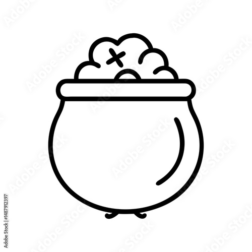 Line art illustration of a pot of gold filled with treasures 
