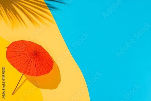 Beach Umbrella Minimalism: A vibrant red beach umbrella casts a dramatic shadow against a contrasting backdrop of yellow sand and blue sky, capturing the essence of summer's carefree spirit.